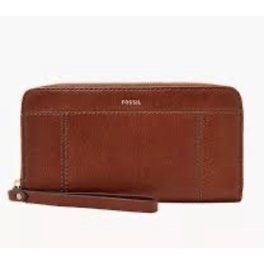 Fossil Jori RFID Women's Leather Zip Clutch Wallet Wristlet Purse Medium Brown